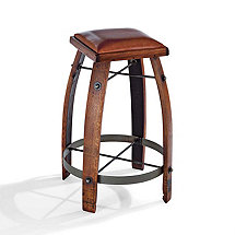 Vintage Oak Wine Barrel Bar Stool with Leather Seat