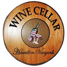 Personalized Reclaimed Wine Barrel Head with Wine Cellar and Wine Bottle
