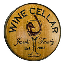 Personalized Reclaimed Wine Barrel Head with Wine Cellar and Wine Glass