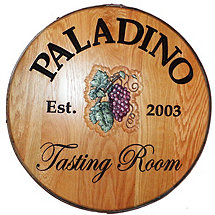 Personalized Reclaimed Wine Barrel Head with Tasting Room and Grapes