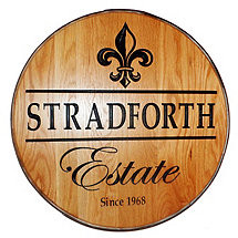 Personalized Reclaimed Wine Barrel Head with Estate and Fleur de Lis