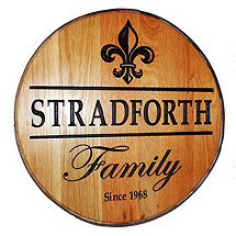 Personalized Reclaimed Wine Barrel Head with Family and Fleur de Lis