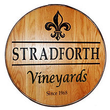 Personalized Reclaimed Wine Barrel Head with Vineyards and Fleur de Lis