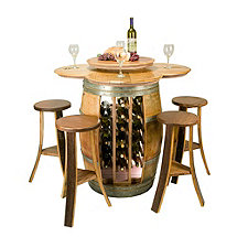 Reclaimed Barrel Table with 28 Bottle Rack and 4 Stave Stools