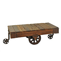 Grizzley Metal Reclaimed Wood and Cast Iron Wheel Coffee Table