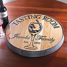 Personalized Reclaimed Wine Barrel Head Lazy Susan with Tasting Room and Wine Glass