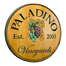 Personalized Reclaimed Wine Barrel Head Lazy Susan with Vineyards and Grapes