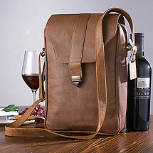 Genuine Leather 2-Bottle Brown Wine Tote with Monogrammed Tag