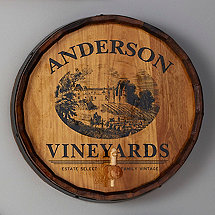 Personalized Quarter Barrel Head Sign with Spigot (Vineyard Graphic)