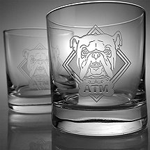 Monogrammed Etched Bulldog Double-Old Fashioned Glasses (Set of 2)