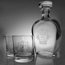 Monogrammed Etched Bulldog Decanter and Glasses Set