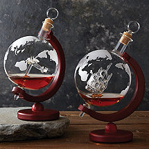 Etched Globe Whiskey Decanter Set with Antique Ship & Plane