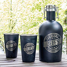 Personalized Black Stainless Steel Growler and Pint Glasses Set