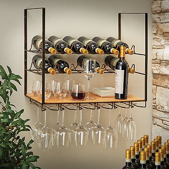 12 Bottle Wall-Mounted Wine Rack and Stemware Holder