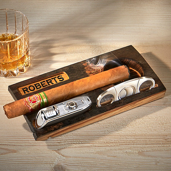 Personalized Reclaimed Bourbon Barrel Cigar Ashtray with Torch Lighter