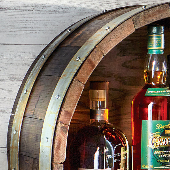Personalized Reclaimed Whiskey Barrel Bar Shelf Wine Enthusiast