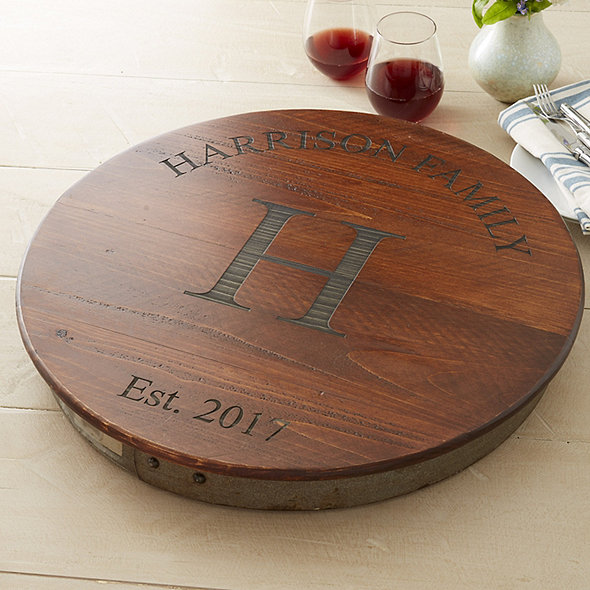 Personalized Raised Wine Barrel Lazy Susan With Family Name Single Initial