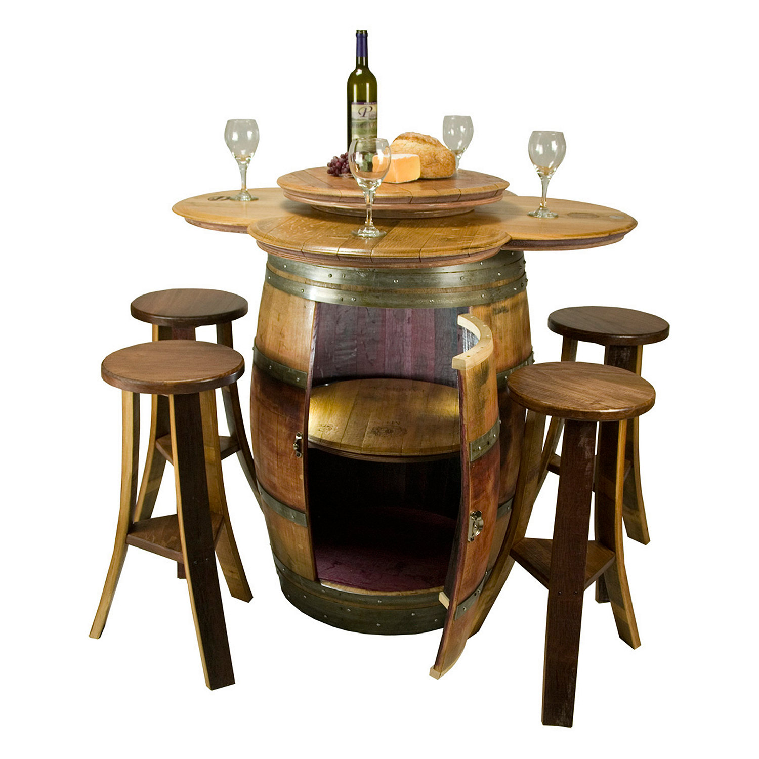 Reclaimed Barrel Table With Storage And 4 Stave Stools Wine Enthusiast