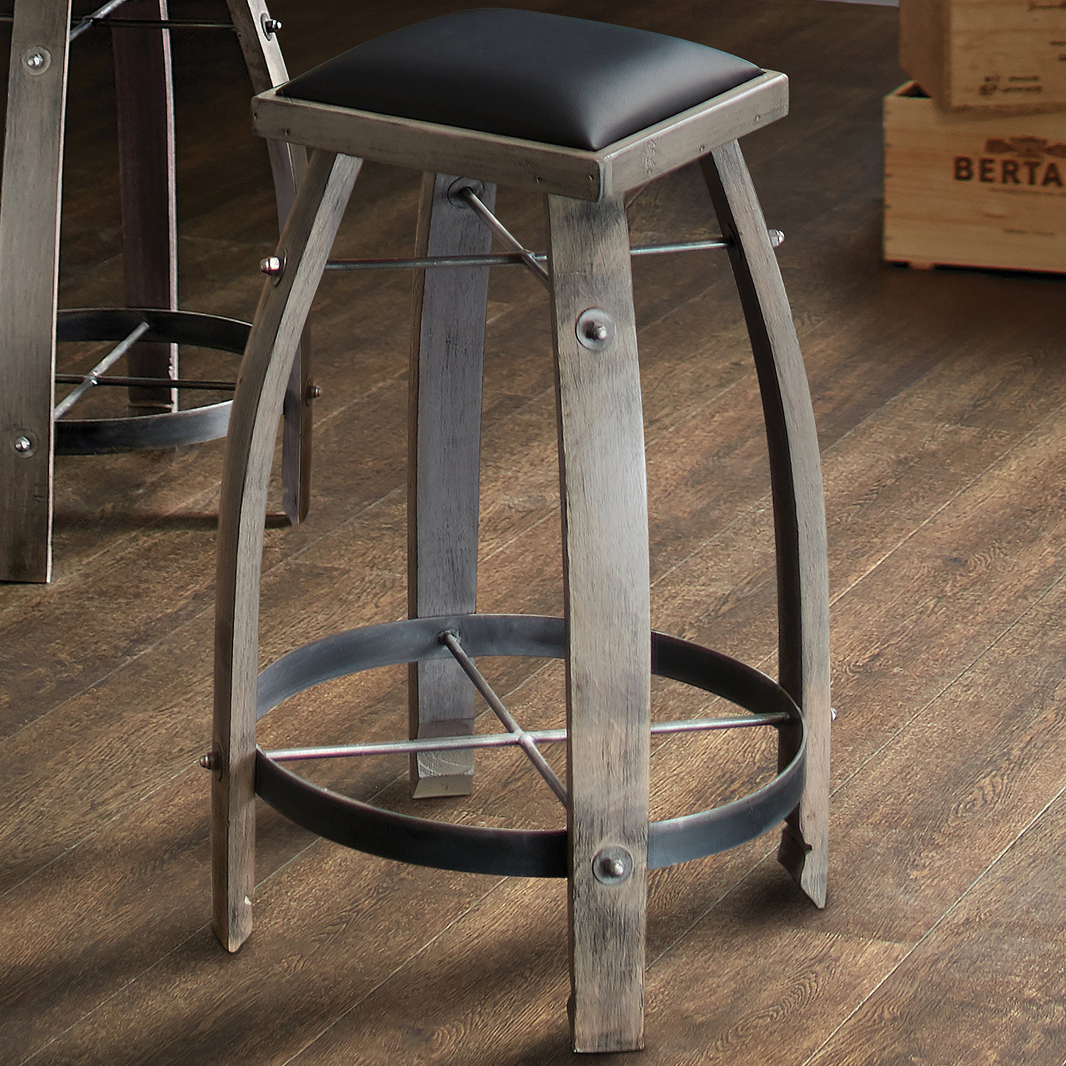 Vintage Oak Wine Barrel Bar Stool Antique Gray Finish With Black Vintage Oak Wine Barrel Bar Stool Antique Gray Finish With Black Leather Seat Enthusiast
